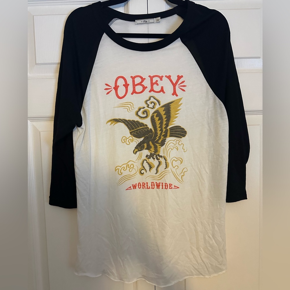 Obey Women's Black & White Raglan Graphic Tee